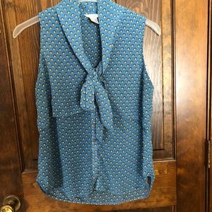 Blue and Yellow Patterned Tie Blouse